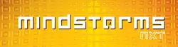 Logo, with the word "mindstorms" on an orange background