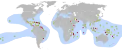 This world map shows concentrated nesting sites in the Caribbean and northeast coast of South America. Many other sites are spread across South Pacific islands, with other concentrations in the Red Sea and Persian Gulf, China's East coast, Africa's southeast coast and Indonesia.