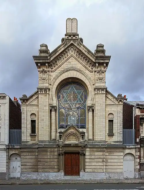 Lille Synagogue, France, 1891, elements of Romanesque, classical (guttae), "Moorish" and other styles