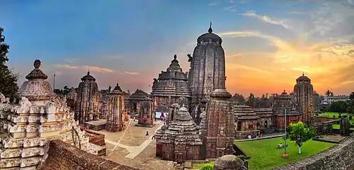 Lingaraj Temple complex at dusk during Shivratri 2020.