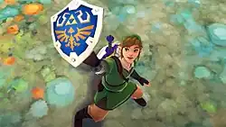 Link holding aloft the Hylian Shield which displays the Triforce above a Crimson Loftwing