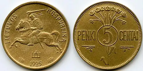 Lithuanian coin of 5 cents with Vytis (Waykimas) and the Columns of Gediminas, 1925.