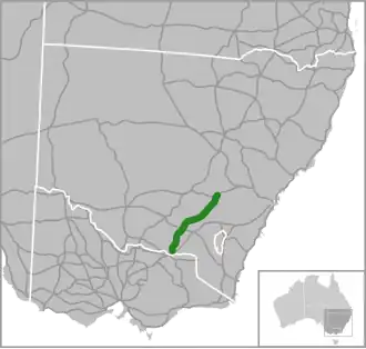 Road map showing a northeast-southwest road in southern New South Wales (west of the Australian Capital Territory)