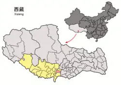Location of Gyantse County (red) within Xigazê City (yellow) and the Tibet Autonomous Region