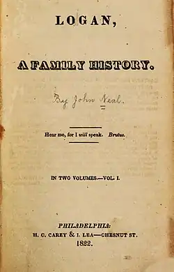 Black text on yellowed paper giving the title, author, and publication information for Logan