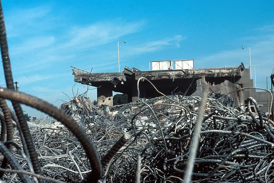 A pile of rebar and concrete from the collapsed Cypress Street Viaduct