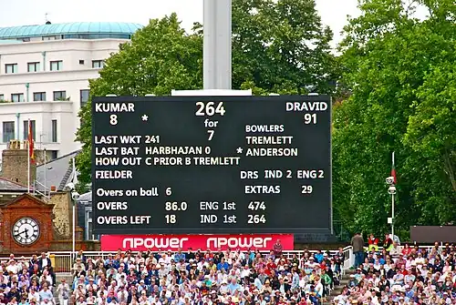 Scoreboard showing number of DRS unsuccessful Player Reviews remaining for India (2) and England (2)