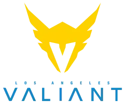 The logo for the Los Angeles Valiant features a golden-winged helmet that forms a 'V' using negative space.