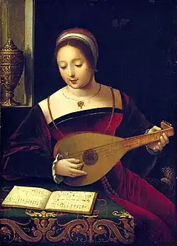 A colour painting of a woman in a red sixteenth century dress playing a lute and looking at a book of music on a covered table, a decorated object can be seen in a window niche in the background.
