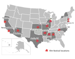 A map of Made In China (2009 film) showings' locations in the USA.