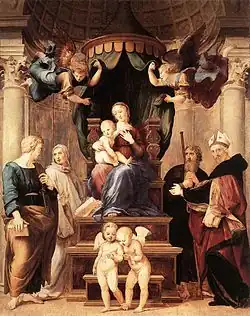 The Madonna on a baldachin surrounded by saints and angels