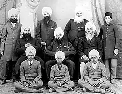 Sitting on chairs are Bhai Jawahir Singh Kapur, Maharaja Ripudaman Singh and Bhai Kahn Singh Nabha.