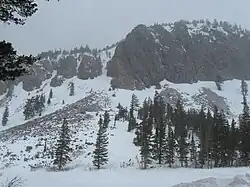 A wide shot of a snowy hillside