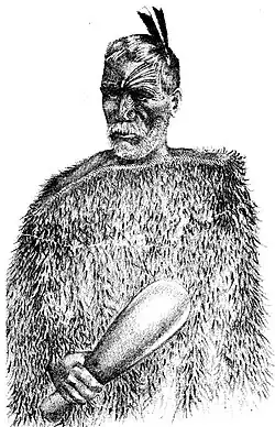 A drawing of a bearded and tattooed Maori chief holding a patu.