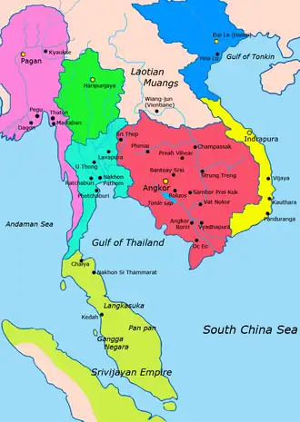 Map of mainland Southeast Asian polities c. 1000–1100 CE Cyan: Lavo Kingdom Red: Khmer Empire Green: Hariphunchai Kingdom Light green: Srivijaya Yellow: Champa Blue: Dai Viet Pink: Pagan Kingdom
