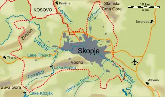 The City of Skopje; its administrative limits are in red.