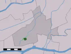 The town centre (dark green) and the statistical district (light green) of Giessenburg in the municipality of Giessenlanden.