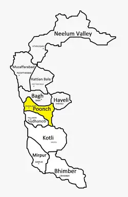 A map showing Poonch district shaded in Yellow along with&nbsp;Sudhanoti district