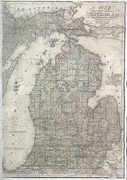 Map of Michigan showing surveyed counties, cities and towns, townships and township names, and sections. (1855)