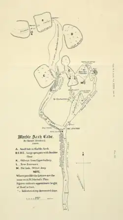 Hand-drawn map of a cave, showing meandering underground river passage as well as surface topography including large shakeholes.