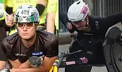 Left: Headshot of a white man with black top, sunglasses and a silver helmet. Right: Woman in a wheelchair wearing all black with a white helmet.