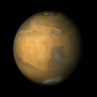 Mars Orbiter Camera view of Mars in enhanced color, centered on Arabia Terra (the bright area)[4]
