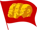 Flag featuring the "Three Heads" of Karl Marx, Friedrich Engels, and Vladimir Lenin.