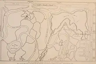 A 1905 map showing the location of fortifications from the War of 1812, built near Harlem Meer.