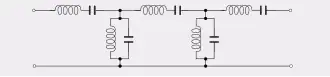 Circuit diagram depicting a ladder topology filter. The series branches consist of series LC circuits (three total) and the shunt branches consist of shunt LC circuits (two total).