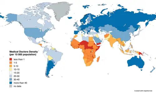 Image 16Global concentrations of health care resources, as depicted by the number of physicians per 10,000 individuals, by country. Data is sourced from a WHO indicator and is from 2017-2023. (from Health care)
