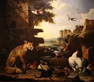 Fox with Dead Rooster and Poultry (1678), oil on canvas, 148 x 170&nbsp;cm., Heritage Agency of the Netherlands Art Collection