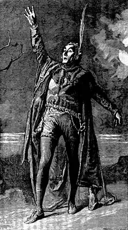 Drawing of Henry Irving on stage with right hand extended upright
