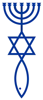 A blue symbol on a white background. At the top is Menorah, connected to the Star of David at its base, which itself is connected to an Ichthys fish pointed down below it.