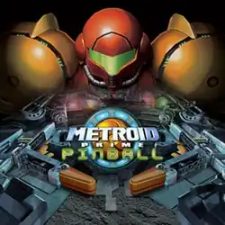 A pinball machine, with flippers at the bottom. The top of the image depicts Samus Aran in a big, futuristic-looking powered suit with a helmet and large, bulky, and rounded shoulders.