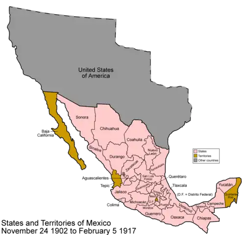 The territories of Mexico in 1902 (brown).