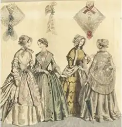 The mid-1840s saw day dresses featuring V-shaped necklines, which were covered by a chemise for decency. Skirt widths widened due to the horsehair petticoat, and extra flounces were added for emphasis and decoration.Funnel sleeves.