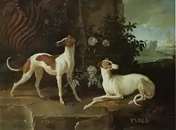a painting of pair of small greyhound-like dogs