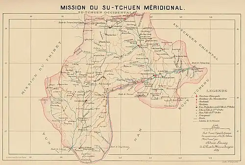 Jiading (Kia-tin-fou) was part of the Southern Szechwan Mission. Map prepared by Adrien Launay&nbsp;[fr], 1889.