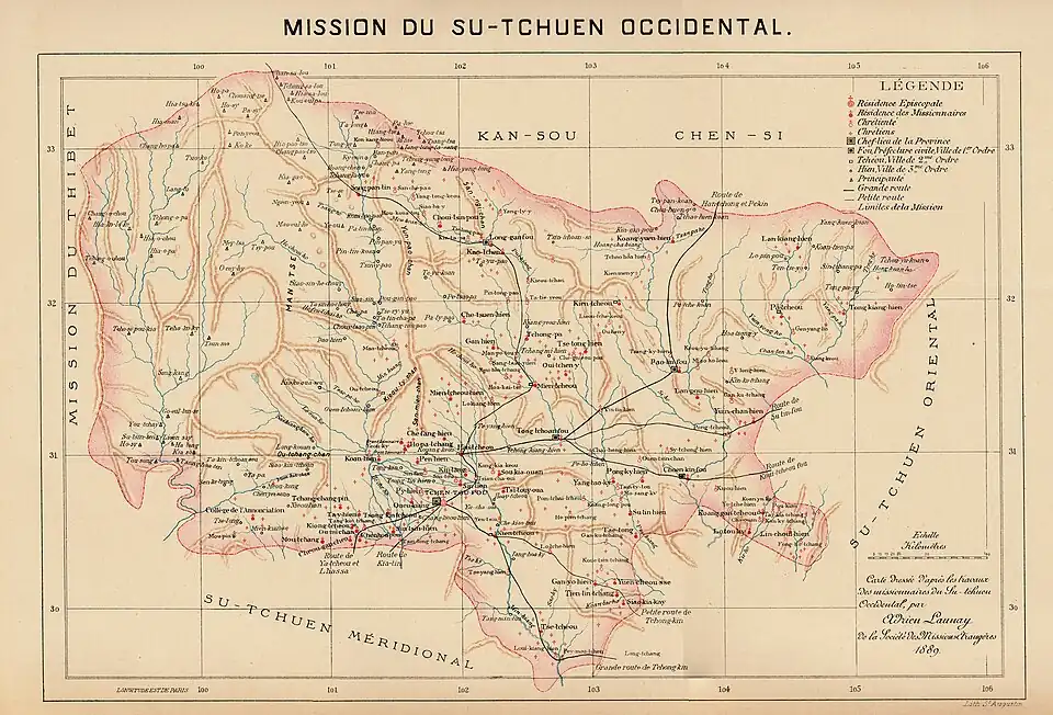 Chengdu (Tchen-tou-fou) was part of the Western Szechwan Mission. Map prepared by Adrien Launay&nbsp;[fr], 1889.