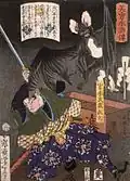 Miyamoto Musashi slashing a bat, by Tsukioka Yoshitoshi, 4/1867