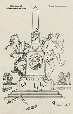 A postcard from 1909 about the royalist and anti-Dreyfus vandalism of the Scheurer-Kestner monument.