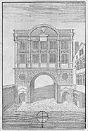 An engraving showing Moorgate before it was demolished in 1762