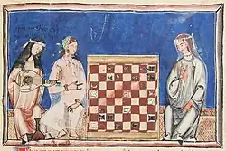Moorish women playing chess, European woman playing lute. From Alfonso X's Libro del axedrez dados et tablas ("Book of chess, dices and tables"), c. 1283.