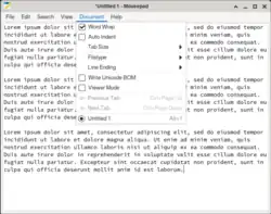 Screenshot of the Mousepad program, showing it's graphical user interface and displaying the Document dropdown options