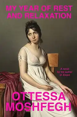A Jacques Louis David painting of a seated woman gazing towards the left, overlaid with the pink text of the title and the author's name