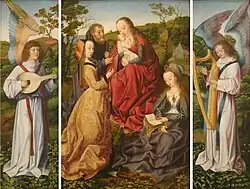 Master of Frankfurt, Mystic Marriage of Saint Catherine with Saints and Angles, ca. 1500–1510, oil on panel, 27+1⁄2 by 18+3⁄4 inches (70&nbsp;cm ×&nbsp;48&nbsp;cm), San Diego Museum of Art.