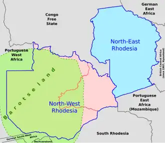 south-central Africa, 1899–1911; North-Eastern Rhodesia is shaded blue.