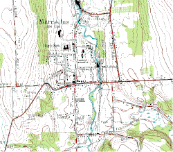 NY 174 and NY 175 meet in central Marcellus. NY 174 heads south from the village while NY 175 goes off to the east. Both routes are overlapped with NY 20N, which enters Marcellus from the south on NY 174 and leaves on NY 175.