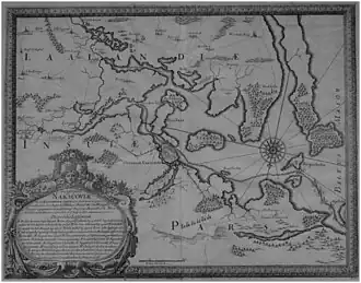 Nakskov and surrounding area (up = south) as depicted by the Swedish king's cartographer during the siege of Nakskov in 1658.[1]
