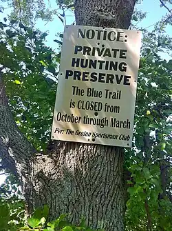Narragansett Trail - Groton Sportsman Club Private Hunting Preserve hunting season trail closing sign at CT-49 (Pendleton High Rd) entrance.